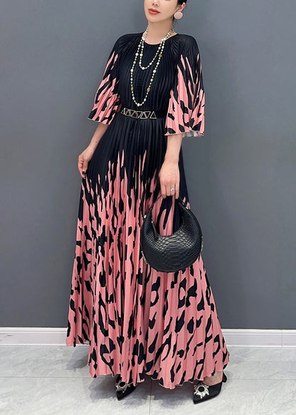 Italian Colorblock O-Neck Cinched Print Long Dresses Bracelet Sleeve UU1015 SH-LF-FDL240526