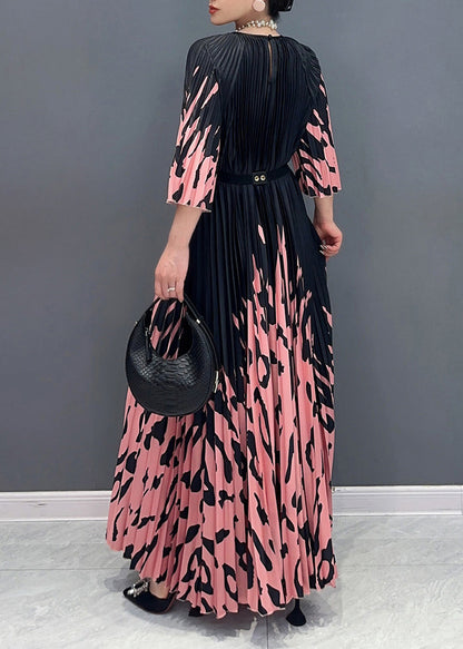 Italian Colorblock O-Neck Cinched Print Long Dresses Bracelet Sleeve UU1015 SH-LF-FDL240526