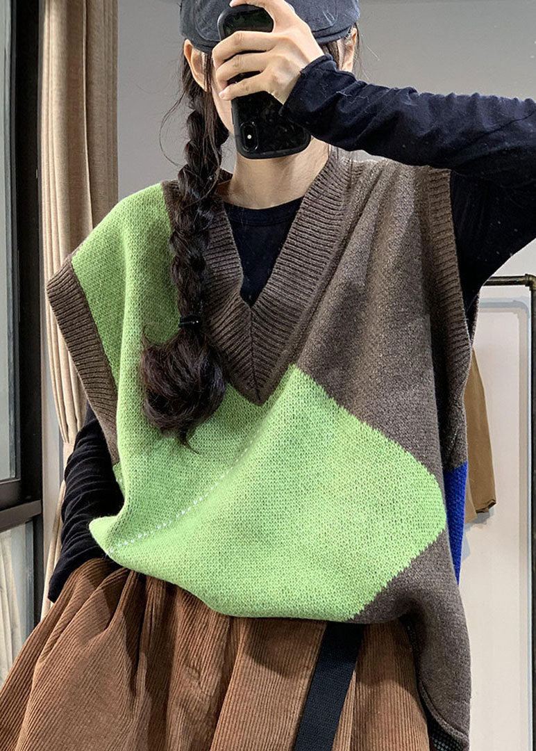 Italian Colorblock V Neck Patchwork Knit Vest Sleeveless TJ005