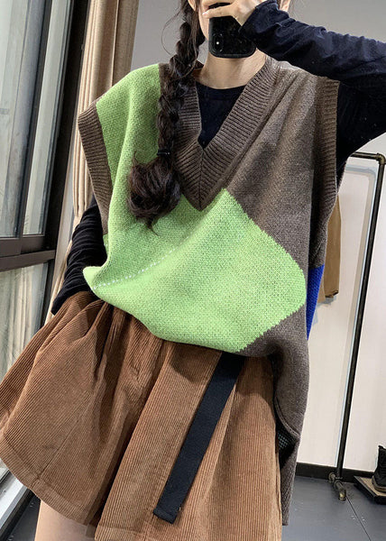 Italian Colorblock V Neck Patchwork Knit Vest Sleeveless TJ005