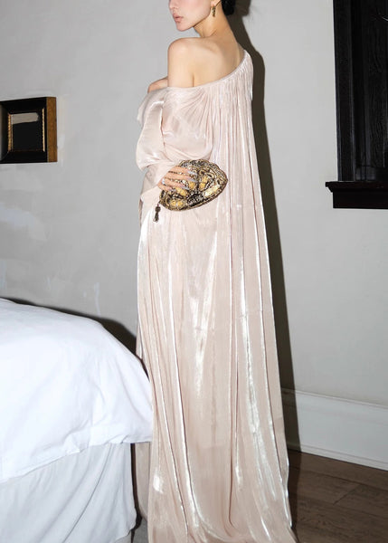 V Neck Maxi Glutinous Dresses Flour Rice Wrinkled Silk Italian FashionChic