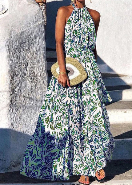 Italian Green Backless Print Cotton Halter Dresses Summer TL005