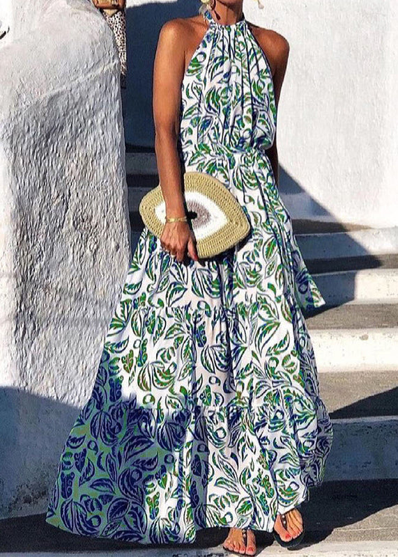 Italian Green Backless Print Cotton Halter Dresses Summer TL005