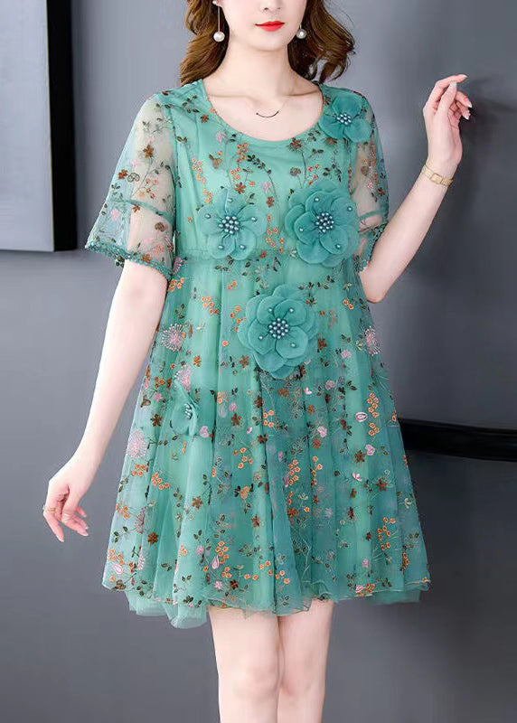 Italian Green O Neck Embroidered Tulle Mid Dress Summer OP1078 Ada Fashion