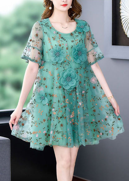 Italian Green O Neck Embroidered Tulle Mid Dress Summer OP1078 Ada Fashion