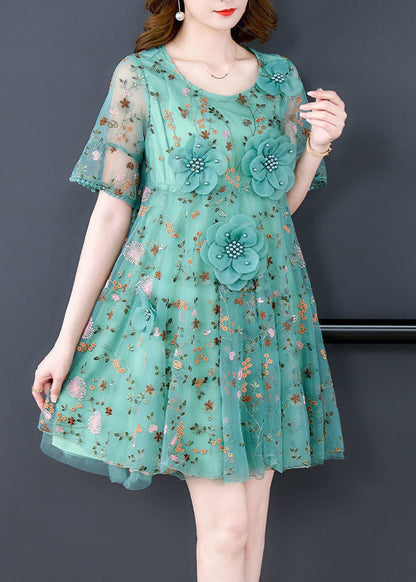 Italian Green O Neck Embroidered Tulle Mid Dress Summer OP1078 Ada Fashion
