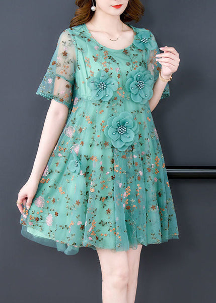 Italian Green O Neck Embroidered Tulle Mid Dress Summer OP1078 Ada Fashion