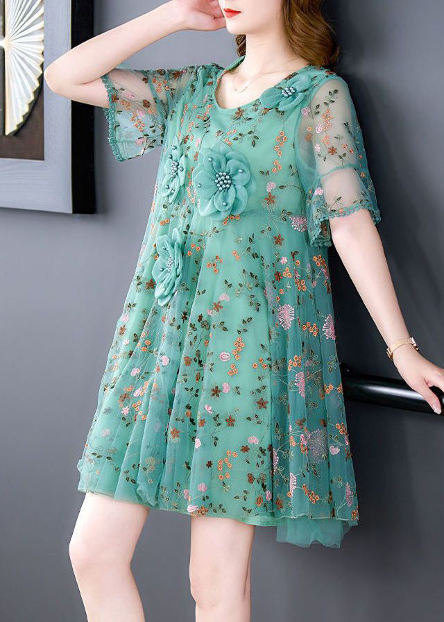 Italian Green O Neck Embroidered Tulle Mid Dress Summer OP1078 Ada Fashion