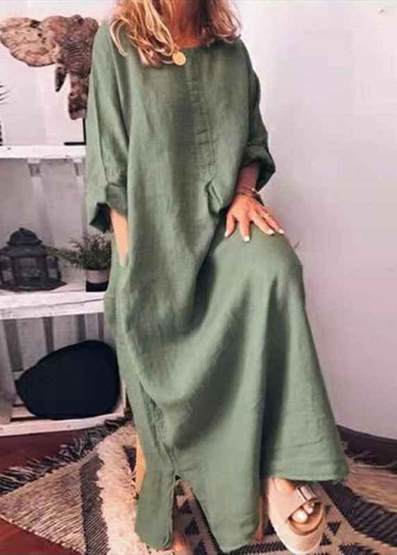 Italian Green O Neck Pockets Cotton Long Dress Fall QR013 BB-ZS-WM-FDL240929