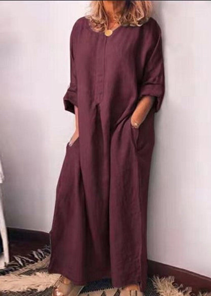 Italian Green O Neck Pockets Cotton Long Dress Fall QR013 BB-ZS-WM-FDL240929