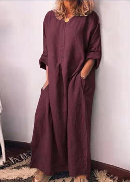 Italian Green O Neck Pockets Cotton Long Dress Fall QR013 BB-ZS-WM-FDL240929