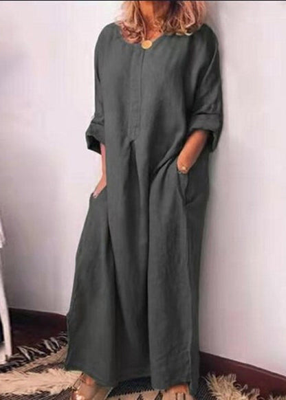 Italian Green O Neck Pockets Cotton Long Dress Fall QR013 BB-ZS-WM-FDL240929