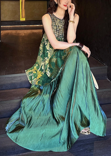 Green Silk Tulle O Neck Patchwork Italian Sequins Dresses FashionChic