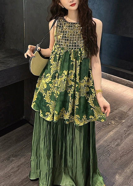 Green Silk Tulle O Neck Patchwork Italian Sequins Dresses FashionChic