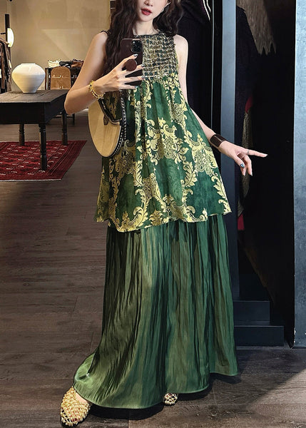 Green Silk Tulle O Neck Patchwork Italian Sequins Dresses FashionChic