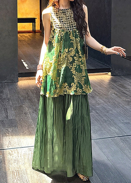 Green Silk Tulle O Neck Patchwork Italian Sequins Dresses FashionChic