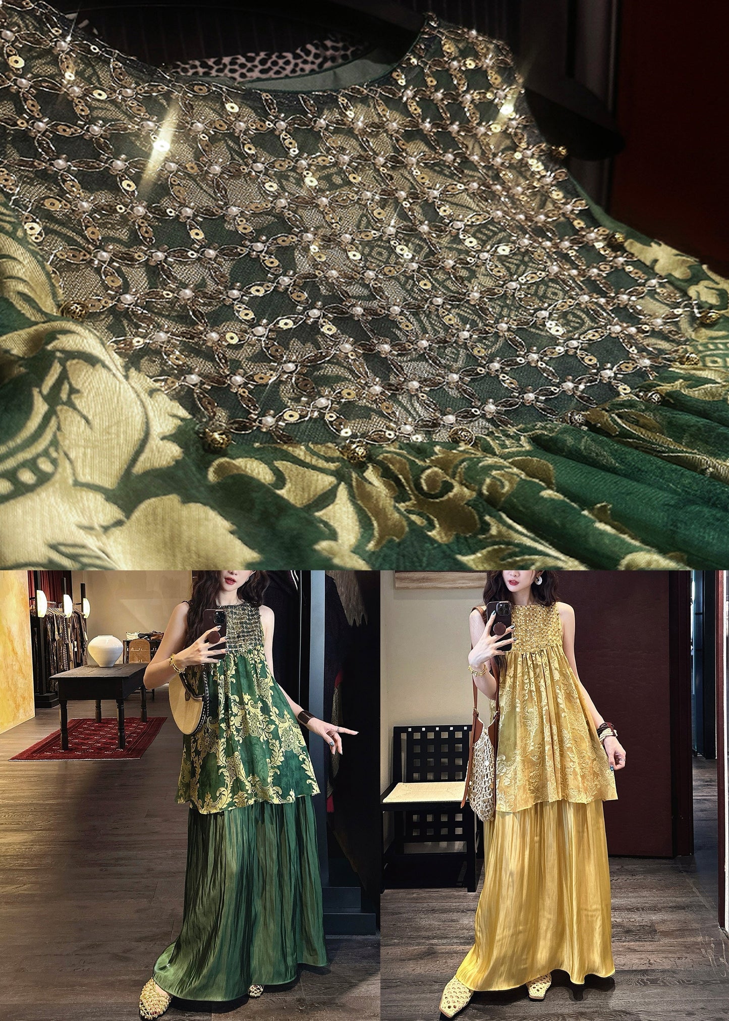 Green Silk Tulle O Neck Patchwork Italian Sequins Dresses FashionChic