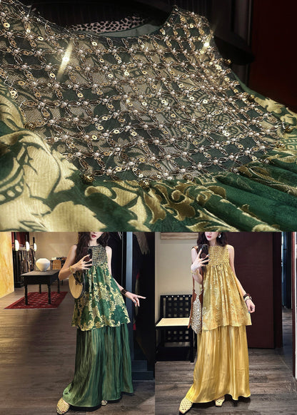 Green Silk Tulle O Neck Patchwork Italian Sequins Dresses FashionChic