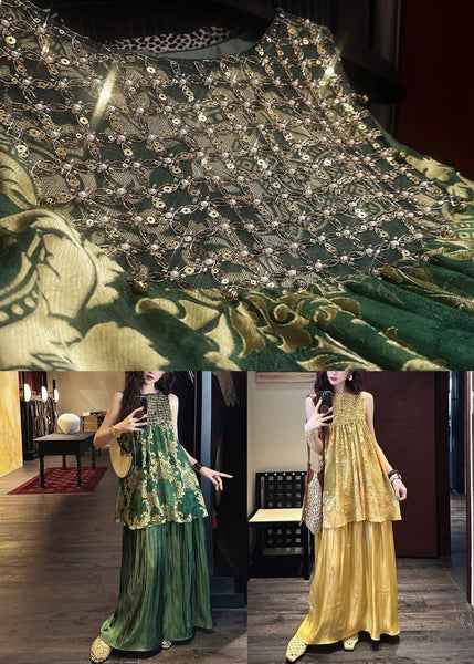 Green Silk Tulle O Neck Patchwork Italian Sequins Dresses FashionChic