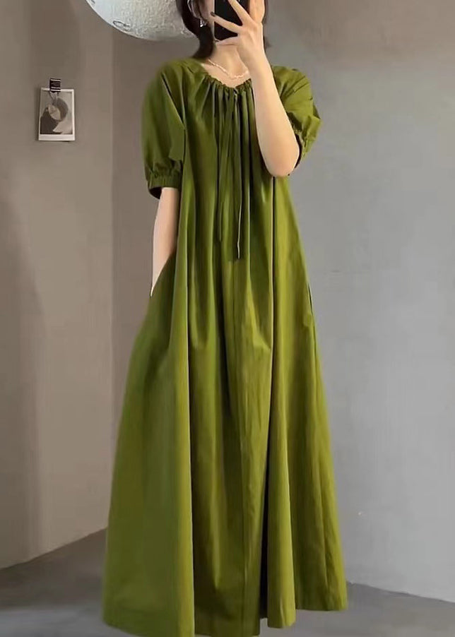 Italian Green O Neck Wrinkled Cotton Long Dress Summer EE1013 SH-LF-SDL240517