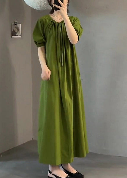 Italian Green O Neck Wrinkled Cotton Long Dress Summer EE1013 SH-LF-SDL240517
