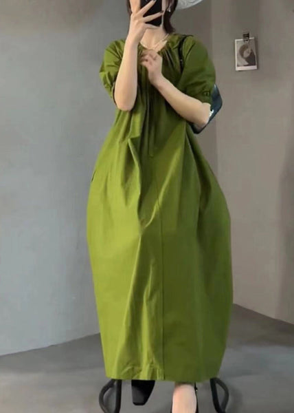 Italian Green O Neck Wrinkled Cotton Long Dress Summer EE1013 SH-LF-SDL240517