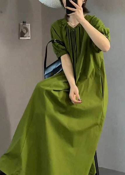 Italian Green O Neck Wrinkled Cotton Long Dress Summer EE1013 SH-LF-SDL240517