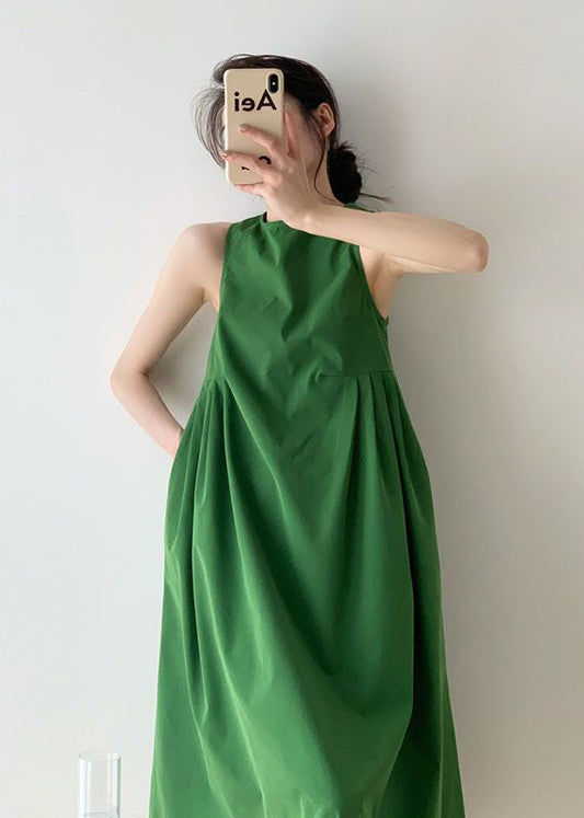 Italian Green O Neck Wrinkled Patchwork Cotton Dress Sleeveless WW1004 Ada Fashion