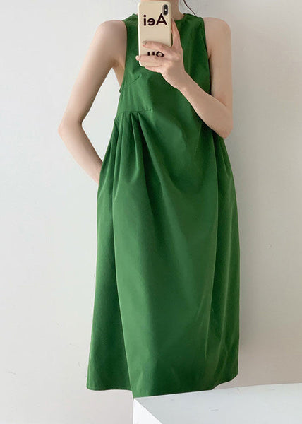 Italian Green O Neck Wrinkled Patchwork Cotton Dress Sleeveless WW1004 Ada Fashion