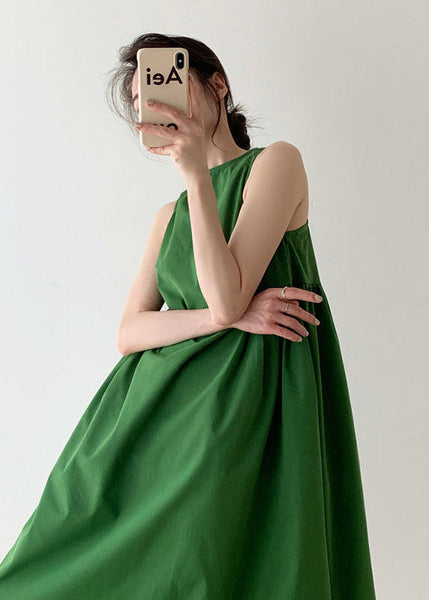 Italian Green O Neck Wrinkled Patchwork Cotton Dress Sleeveless WW1004 Ada Fashion