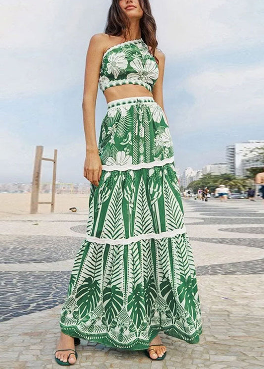 Green Shoulder Two Pieces Top And Skirts Italian One Maxi Print FashionChic