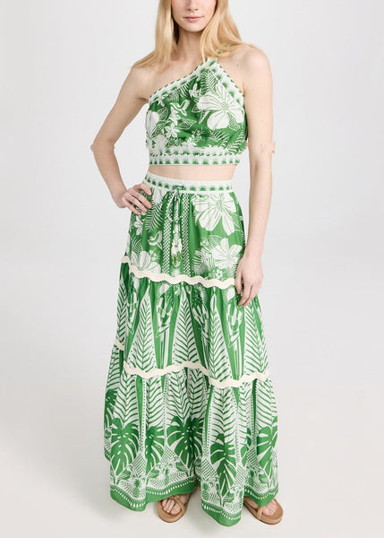 Green Shoulder Two Pieces Top And Skirts Italian One Maxi Print FashionChic