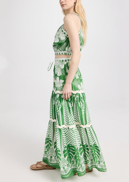 Green Shoulder Two Pieces Top And Skirts Italian One Maxi Print FashionChic