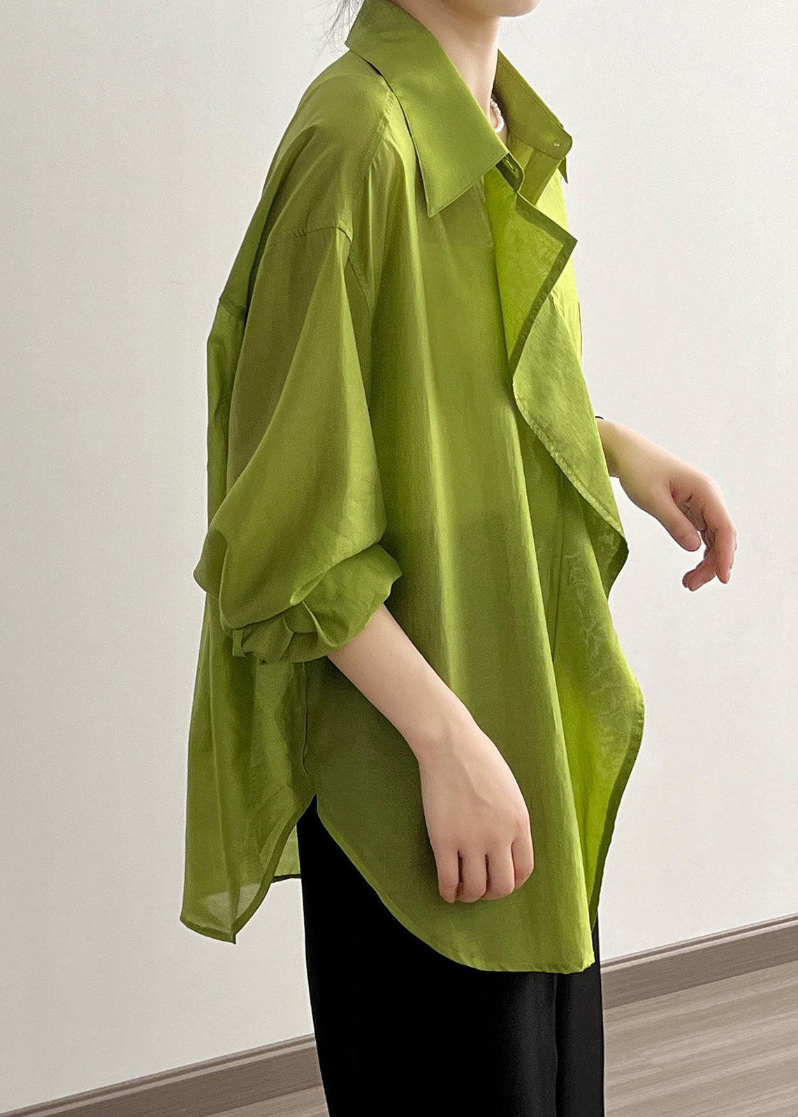 Italian Green Peter Pan Collar Ruffled Cotton Shirt Tops Early Fall QB037 HS-LTP241025