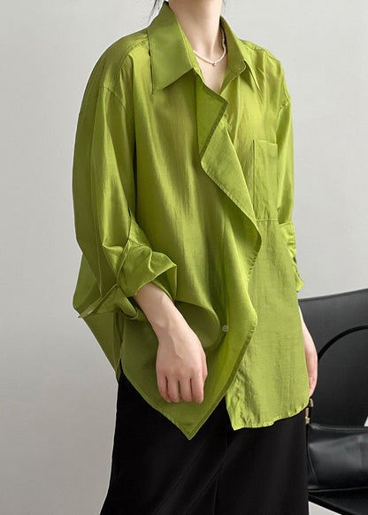 Italian Green Peter Pan Collar Ruffled Cotton Shirt Tops Early Fall QB037 HS-LTP241025