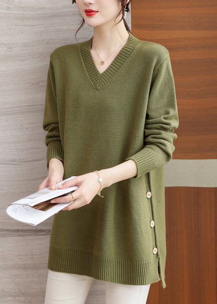 Italian Green V Neck Button Patchwork Woolen Sweaters Winter RL037 ABC