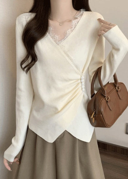 Italian Grey Asymmetrical Lace Patchwork Knit Sweaters Spring TN037 ABC