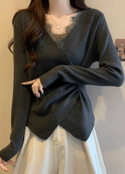 Italian Grey Asymmetrical Lace Patchwork Knit Sweaters Spring TN037 ABC