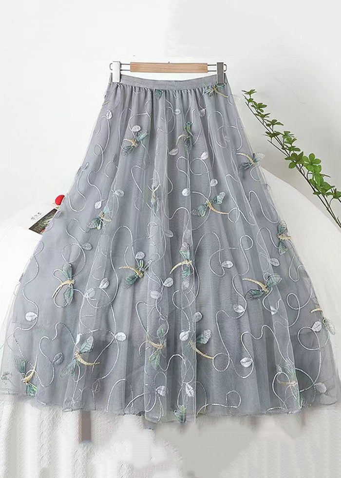 Italian Grey Embroidered High Waist Tulle Skirts Spring QQ1035 Ada Fashion