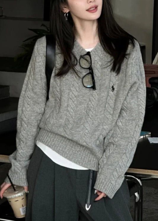 Italian Grey O Neck Cozy Warm Cable Knit Sweater Spring YY025 ABC