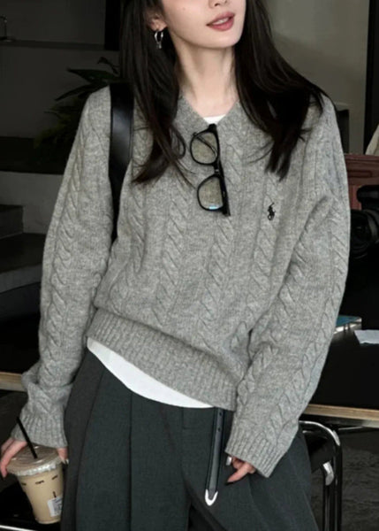 Italian Grey O Neck Cozy Warm Cable Knit Sweater Spring YY025 ABC