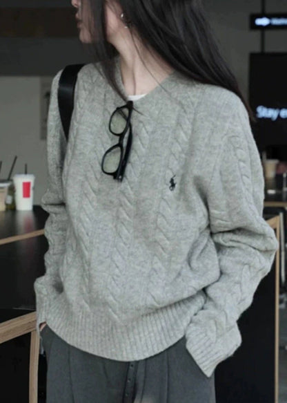 Italian Grey O Neck Cozy Warm Cable Knit Sweater Spring YY025 ABC