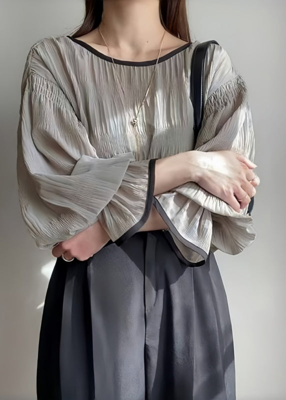 Tops Grey Chiffon Wrinkled Puff Oversized Sleeve Italian FashionChic