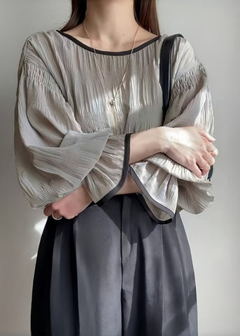 Tops Grey Chiffon Wrinkled Puff Oversized Sleeve Italian FashionChic