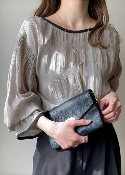 Tops Grey Chiffon Wrinkled Puff Oversized Sleeve Italian FashionChic