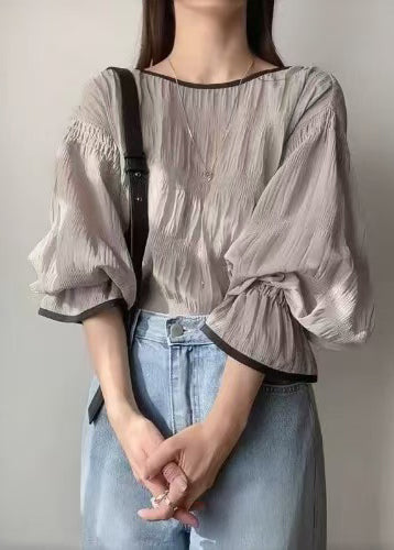 Tops Grey Chiffon Wrinkled Puff Oversized Sleeve Italian FashionChic