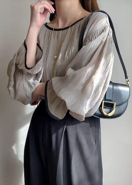 Tops Grey Chiffon Wrinkled Puff Oversized Sleeve Italian FashionChic