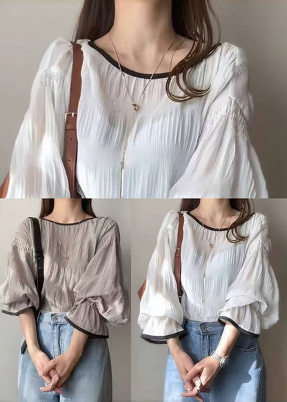 Tops Grey Chiffon Wrinkled Puff Oversized Sleeve Italian FashionChic
