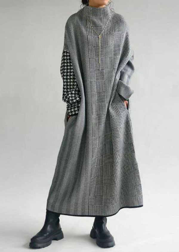 Italian Grey Plaid Hign Neck Patchwork Long Knit Dress Fall WE018 HS-NSD241028