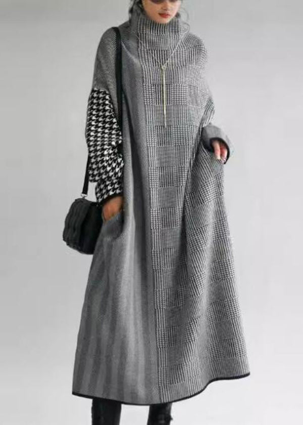 Italian Grey Plaid Hign Neck Patchwork Long Knit Dress Fall WE018 HS-NSD241028